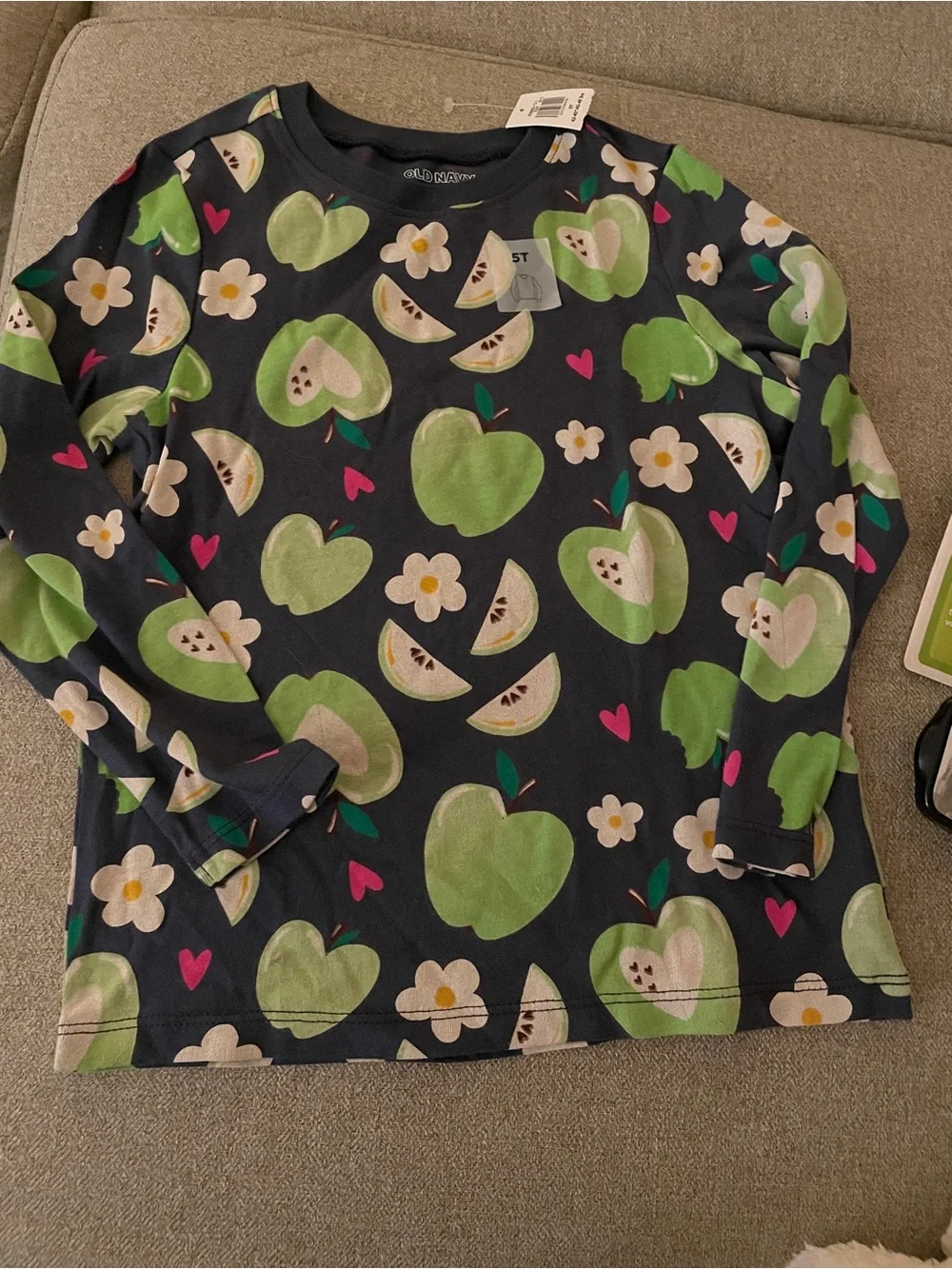 Old Navy Navy Floral & Green Apple Kids Long Sleeve Tee